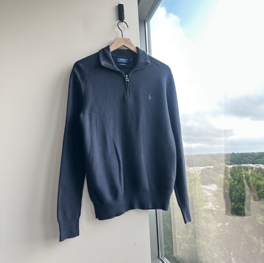 Polo Ralph Lauren Pima Cotton 1/4 Zip Mock Neck Knit Sweater Navy Men's M